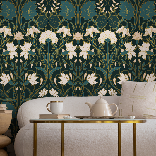 Green Floral Art Nouveau Wallpaper Peel and Stick and Traditional Wallpaper - C281