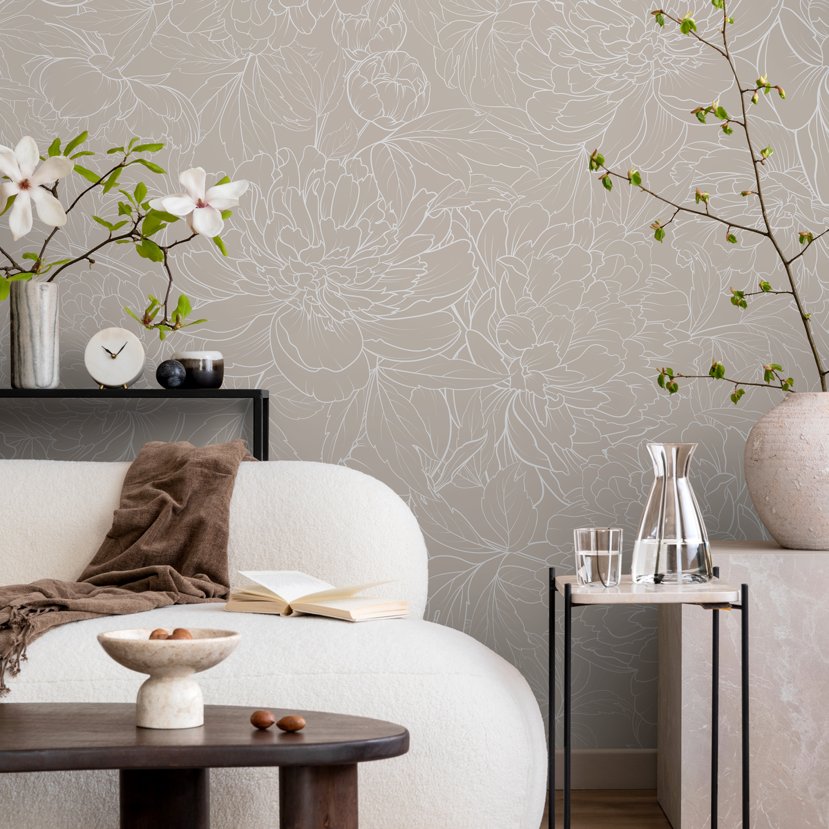 Floral Wallpaper with a Peony Line Art Motif in Taupe and White - detail view