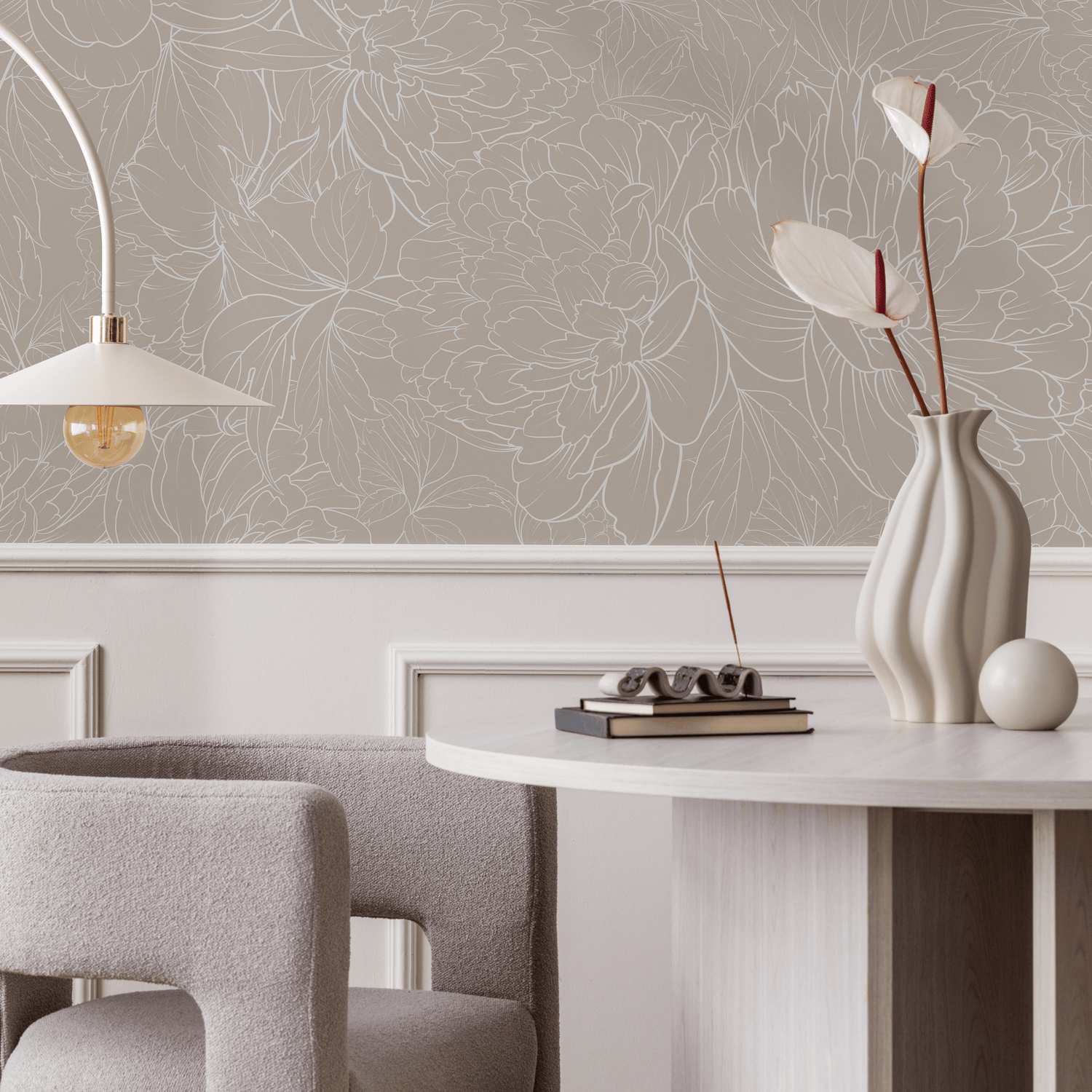 Floral Wallpaper with a Peony Line Art Motif in Taupe and White - C282
