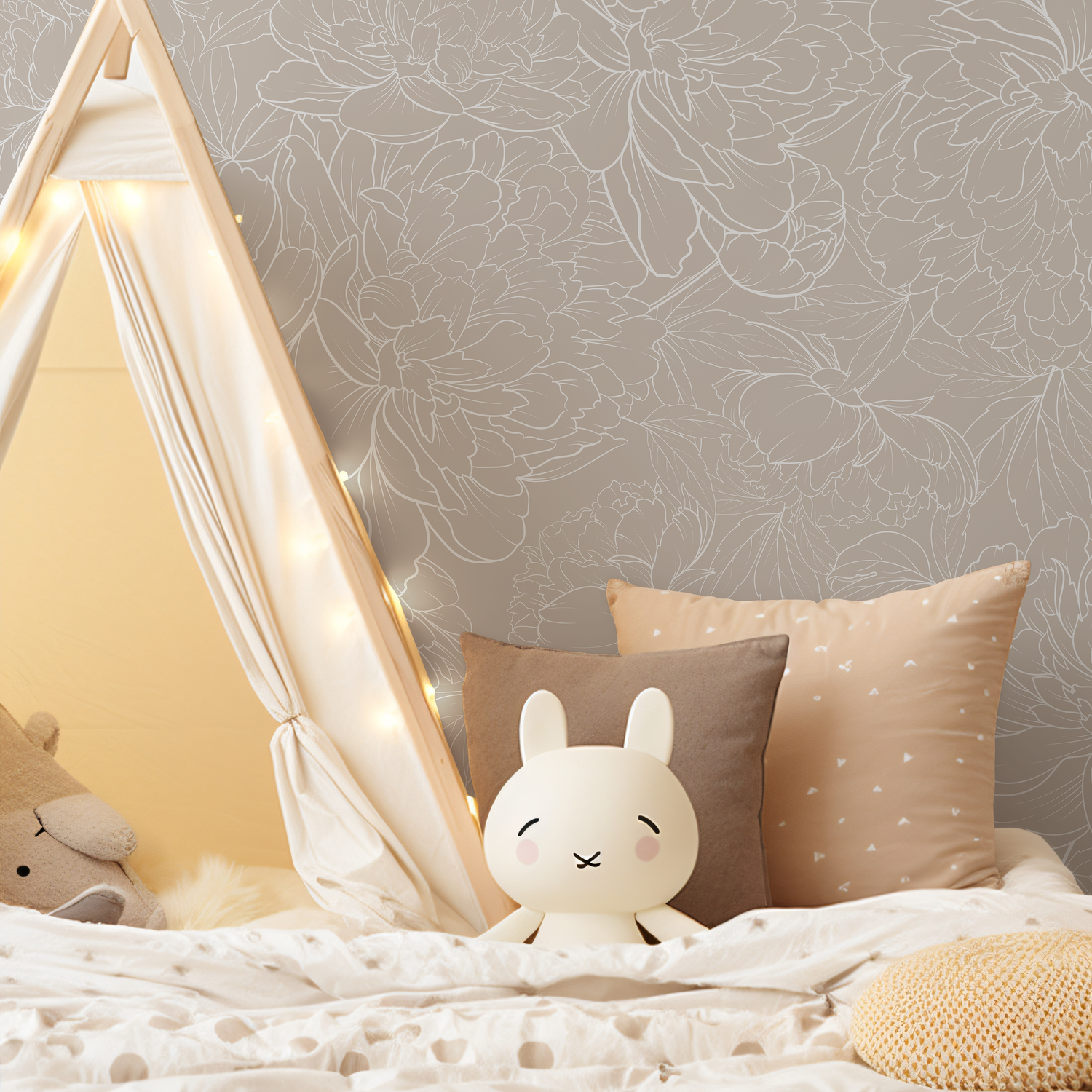 Floral Wallpaper with a Peony Line Art Motif in Taupe and White - C282