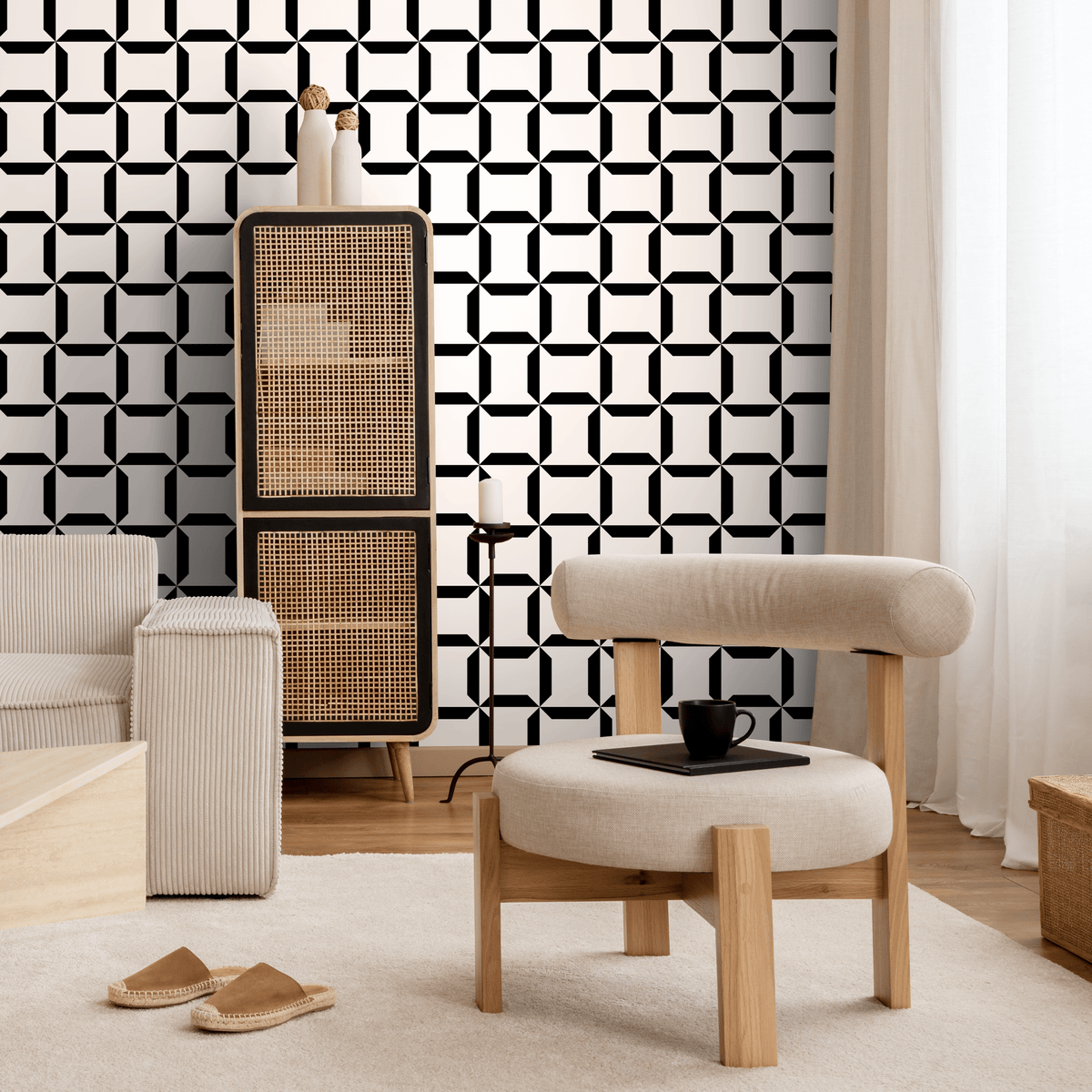 Geometric Wallpaper with an Interlocking Block Motif in Black and White - detail view