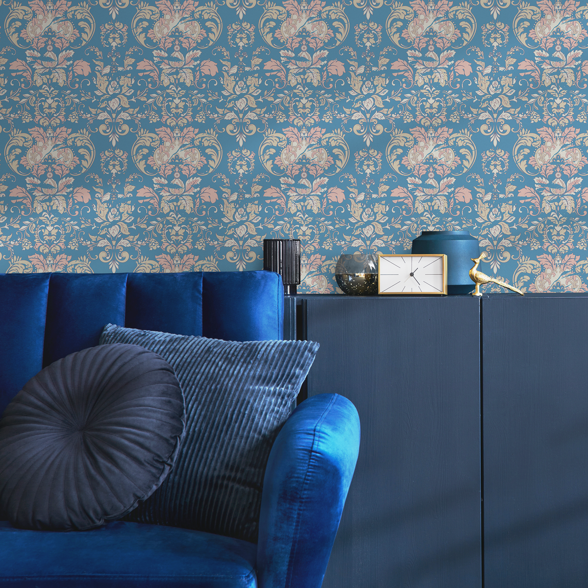 Damask Wallpaper with an Elegant Floral Motif in Blue, Pink, and Beige - detail view