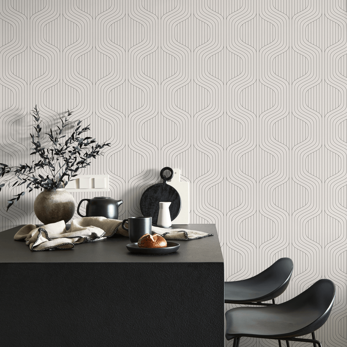 Minimalist Geometric Wallpaper with a Wavy Line Pattern in Black and Beige - detail view