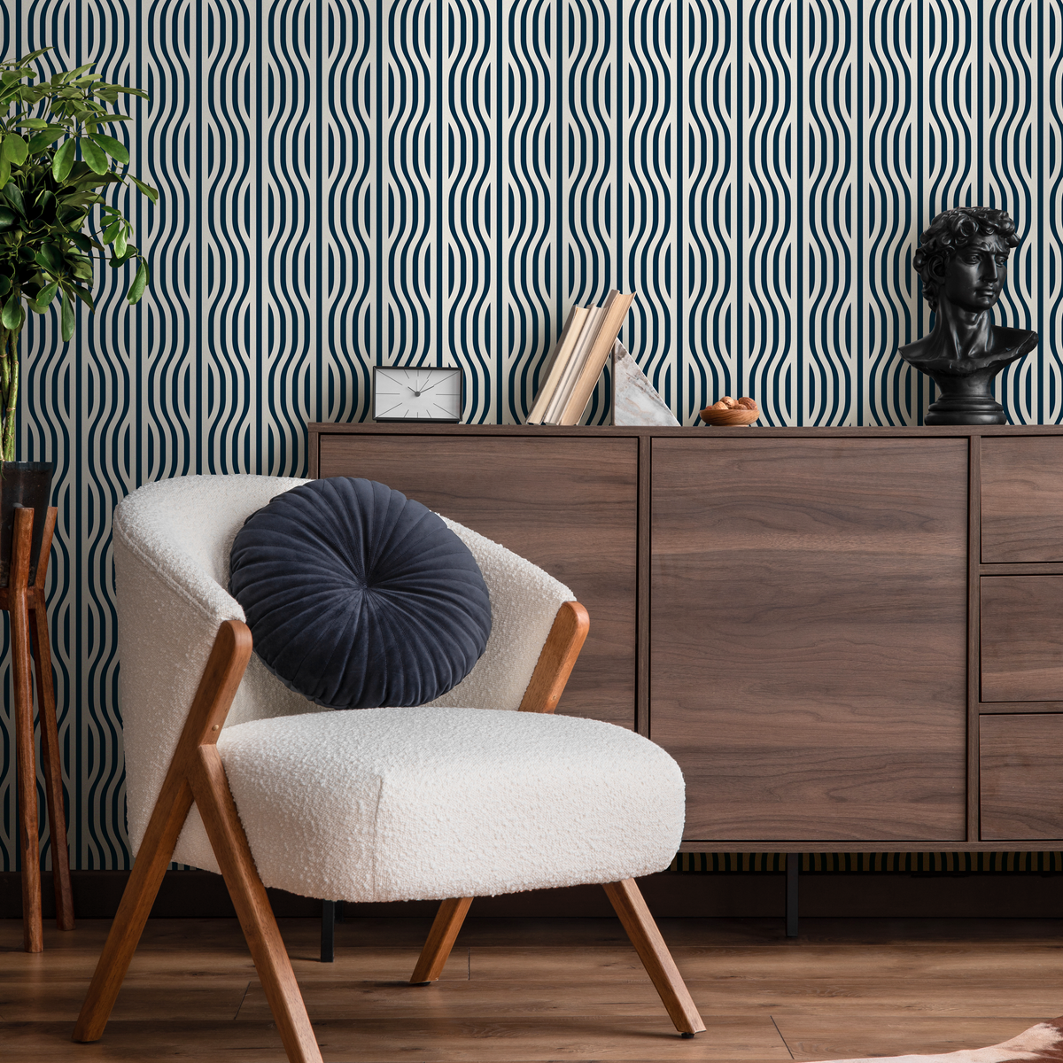 Abstract Wallpaper with Wavy Vertical Lines in Dark Blue and White - detail view