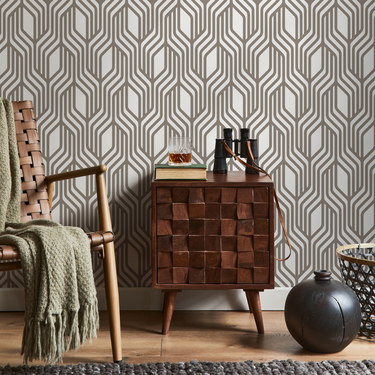 Geometric Wallpaper with an Interlocking Linear Pattern in Taupe - detail view