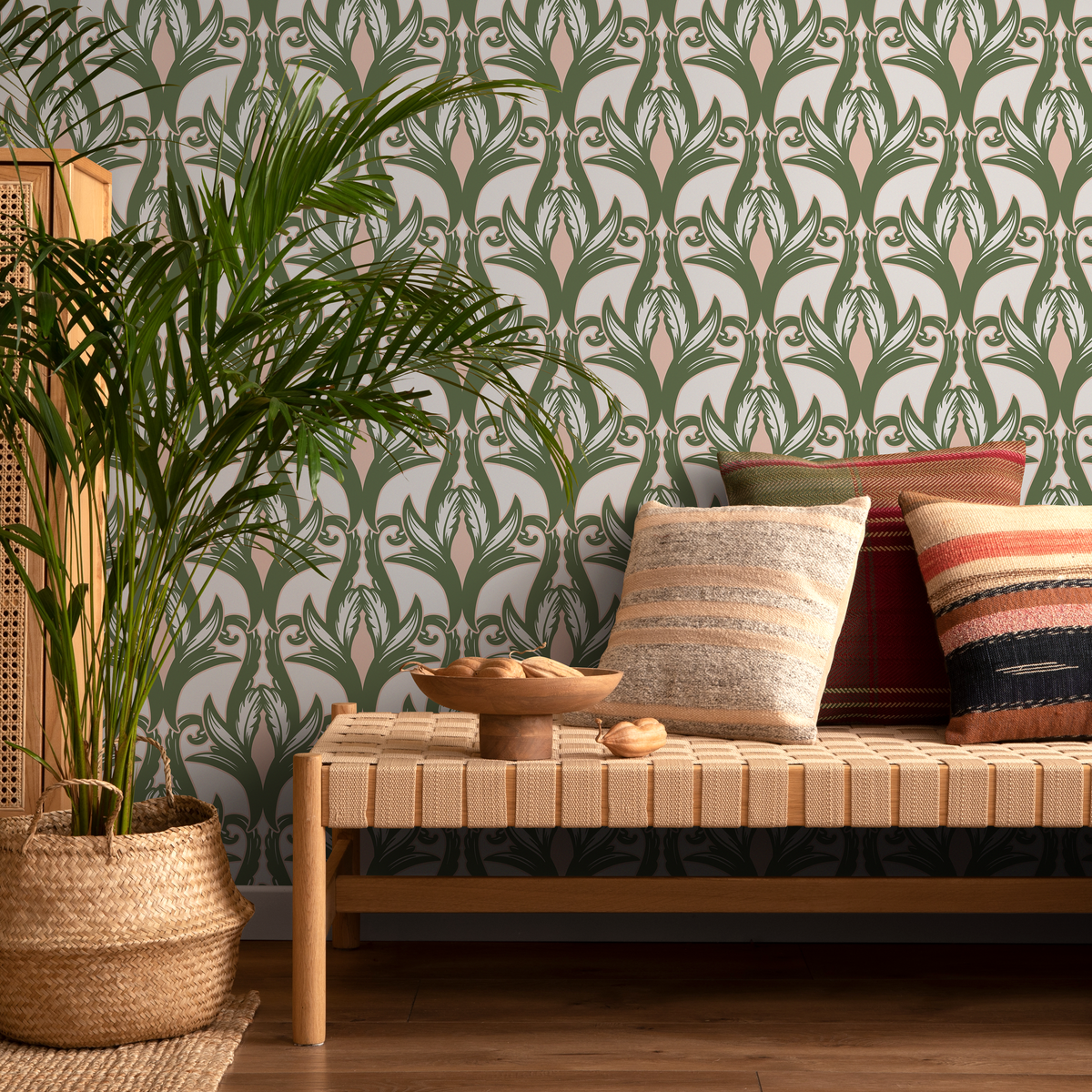Art Nouveau Wallpaper with a Stylized Floral Motif in Green, Pink, and Beige - detail view