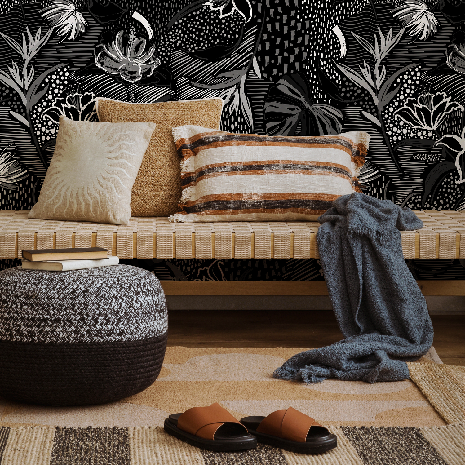 Abstract Floral Wallpaper with Textured Botanical Motifs in Black and White - C289