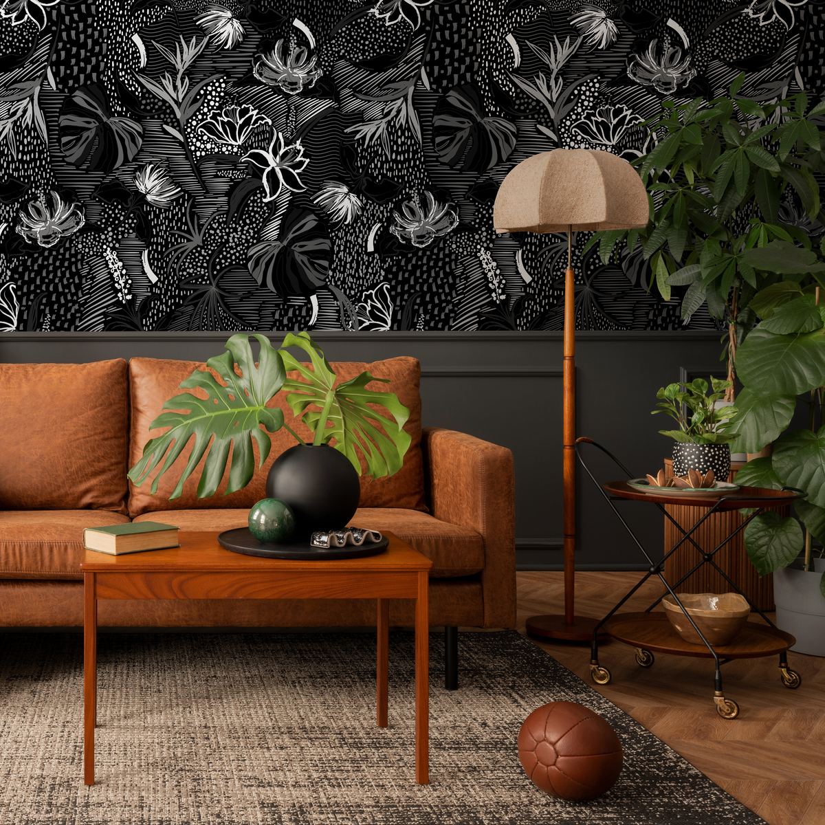 Abstract Floral Wallpaper with Textured Botanical Motifs in Black and White - detail view