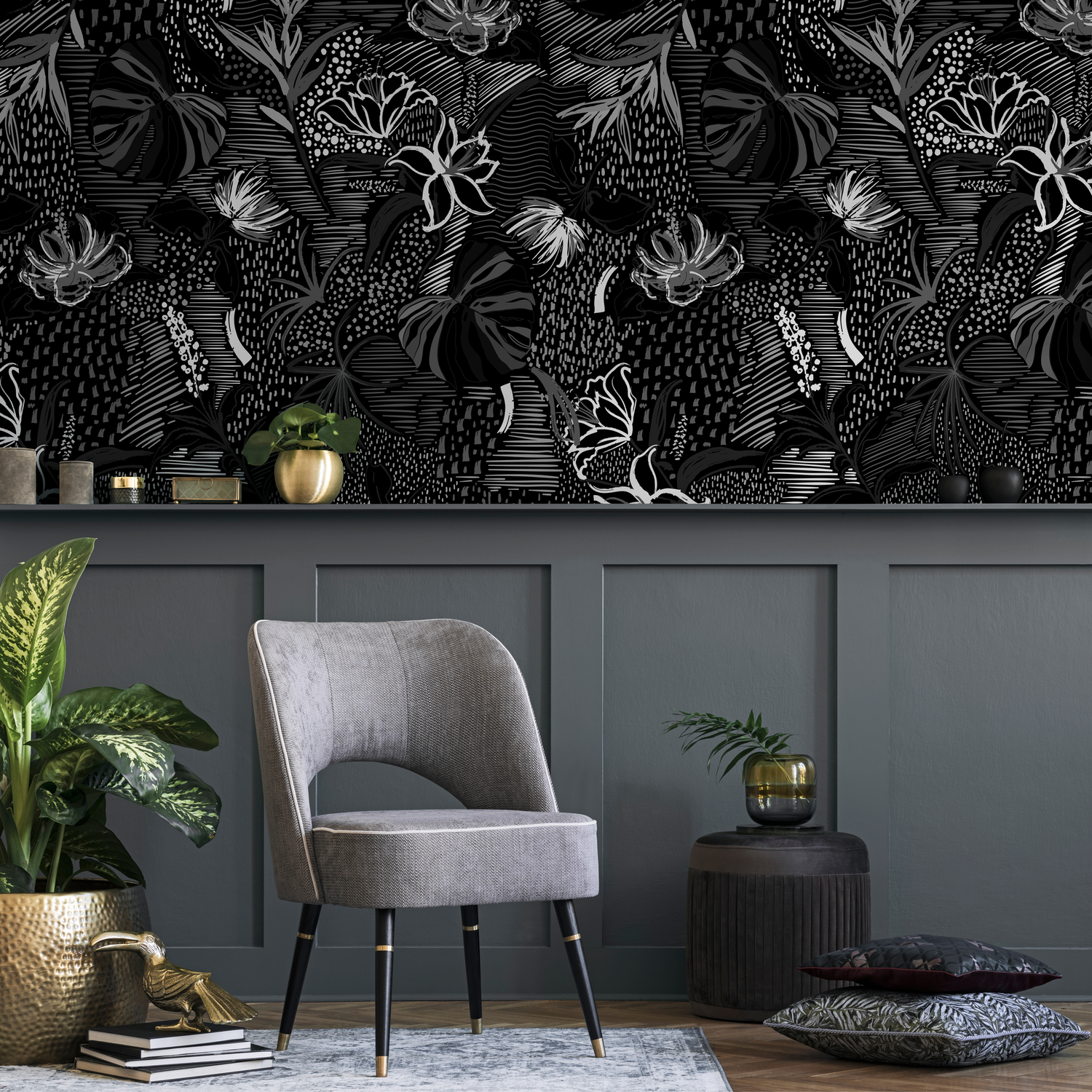 Abstract Floral Wallpaper with Textured Botanical Motifs in Black and White - C289