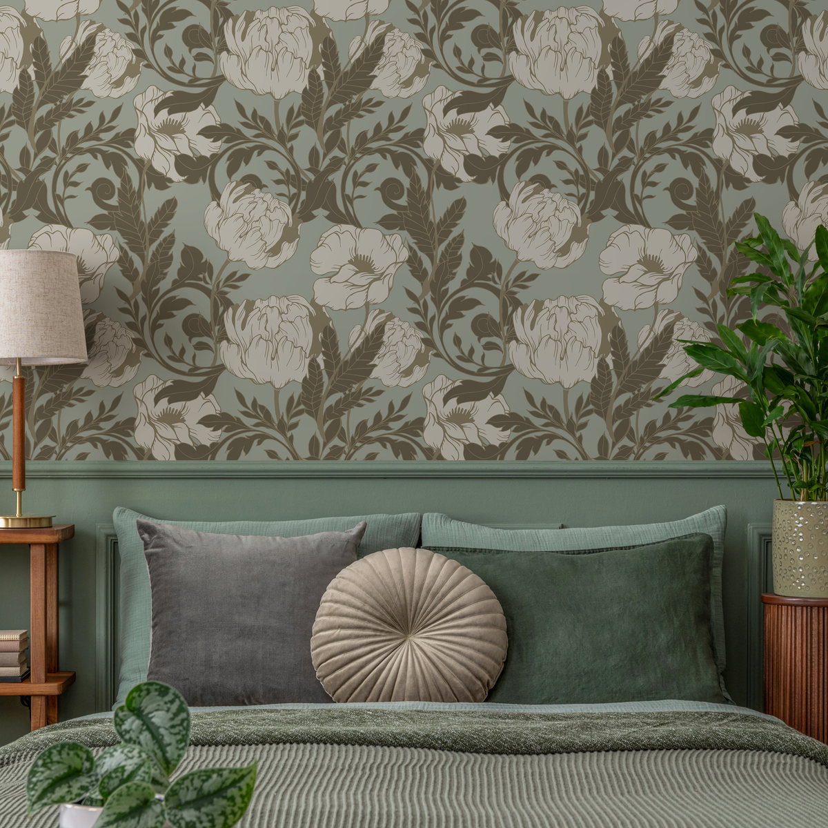 Vintage Floral Wallpaper with Elegant Peonies in Sage Green and Brown - detail view