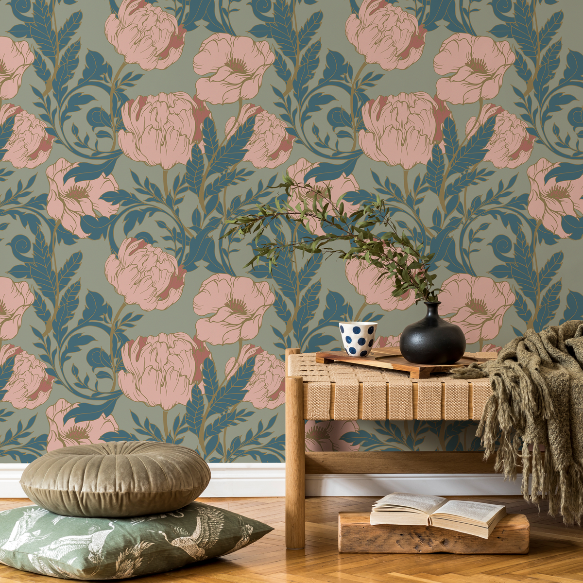 Floral Wallpaper with an Art Nouveau Peony Motif in Sage Green, Pink, and Teal - detail view