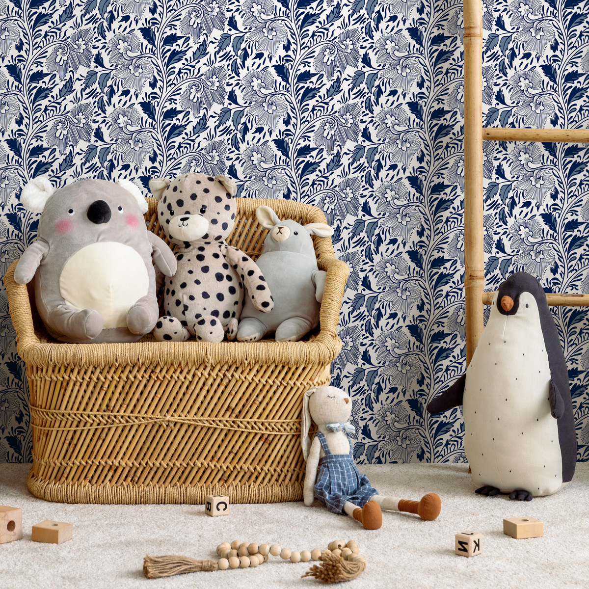 Ornamental Wallpaper with a Stylized Floral Motif in Shades of Blue - detail view