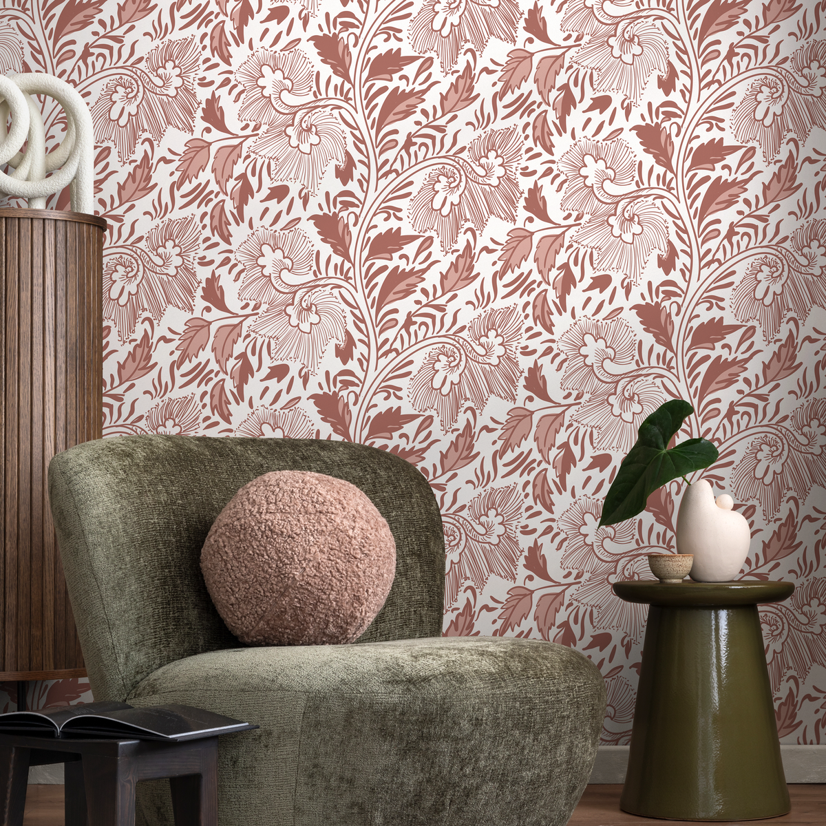 Vintage Floral Wallpaper with a Stylized Vine Motif in Terracotta and Dusty Rose - detail view