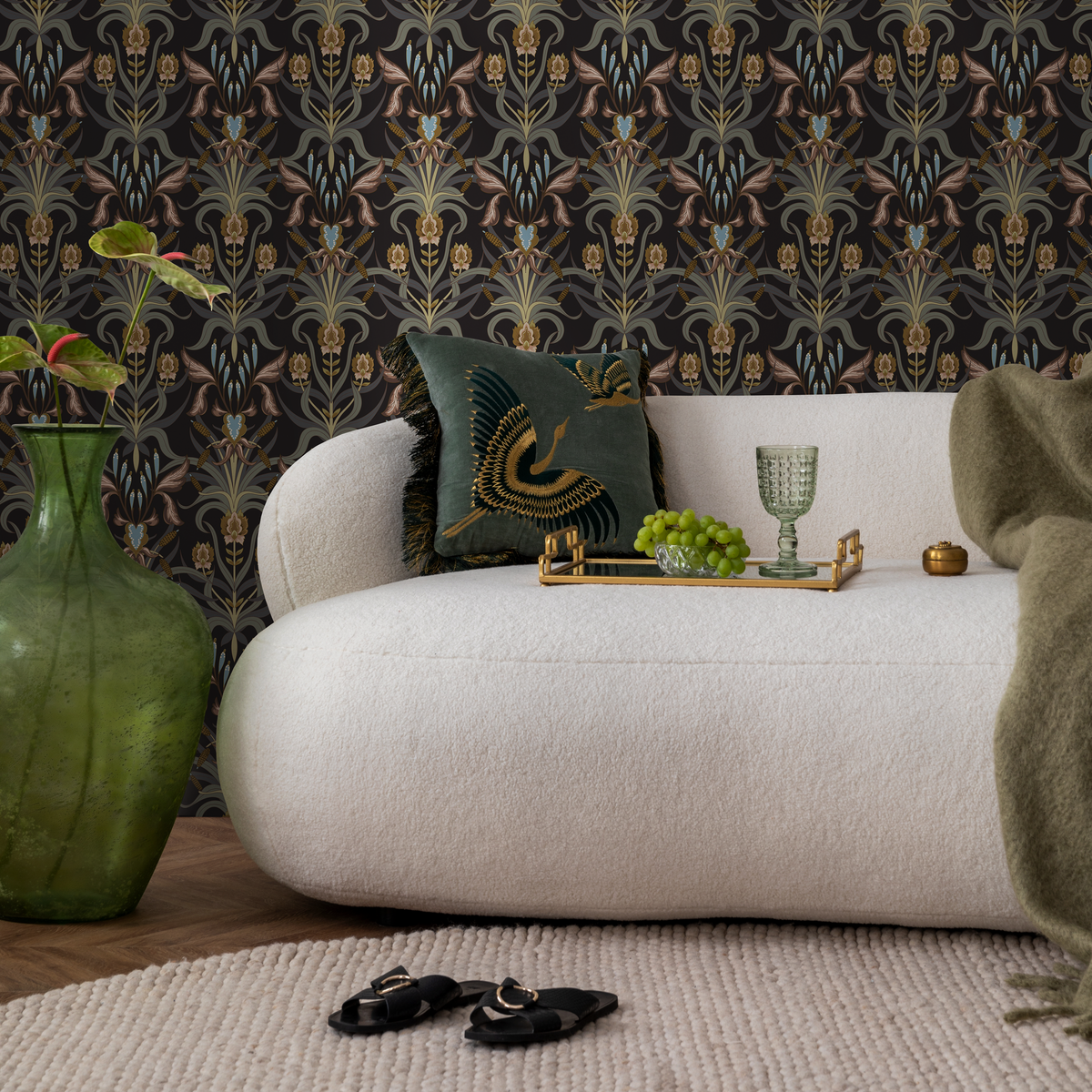 Art Nouveau Wallpaper with a Floral Damask Motif in Brown, Gold, and Blue - detail view