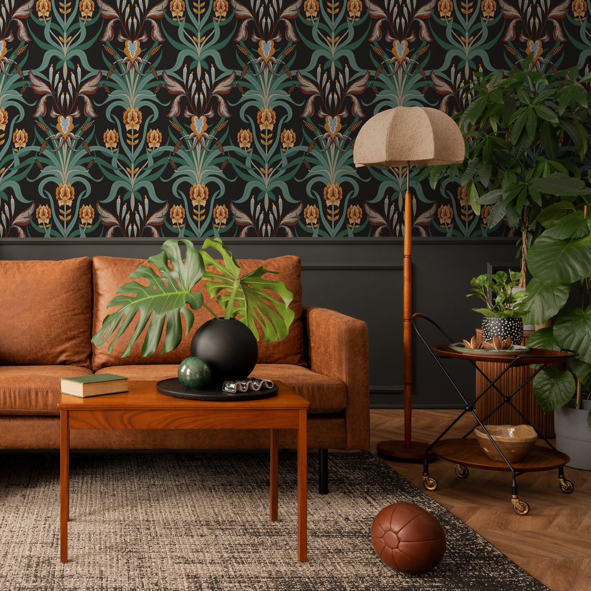 Art Nouveau Wallpaper with a Symmetrical Iris Motif in Green, Orange, and Black - detail view