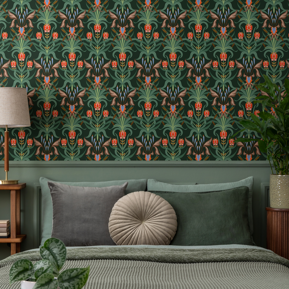 Art Nouveau Wallpaper with a Stylized Floral Damask in Green, Red, and Blue - detail view