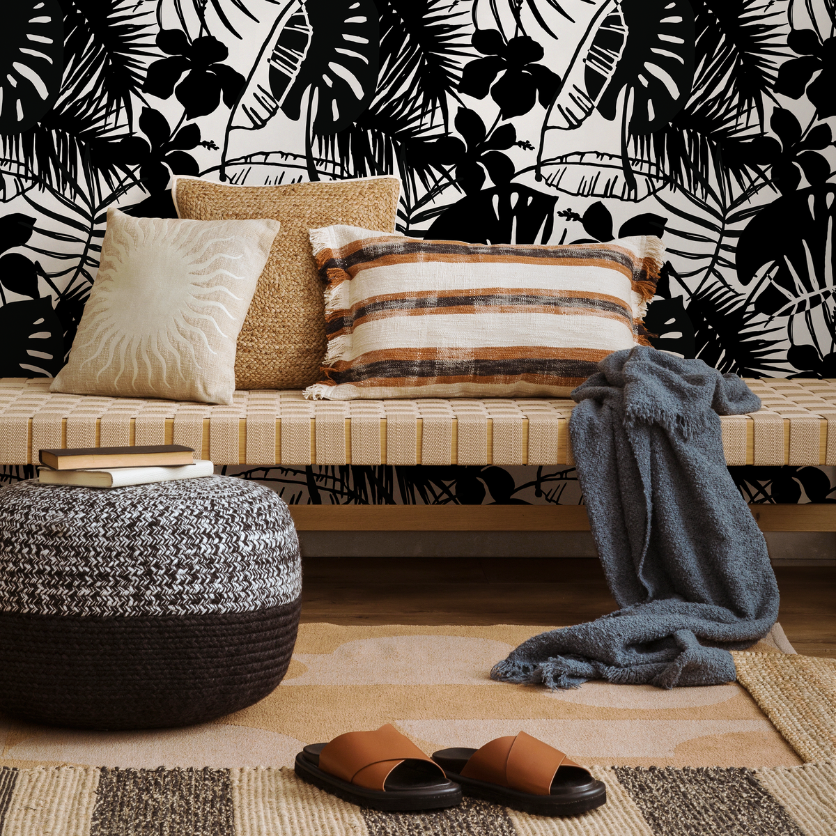 Tropical Wallpaper with Hibiscus and Palm Leaf Silhouettes in Black and White - detail view