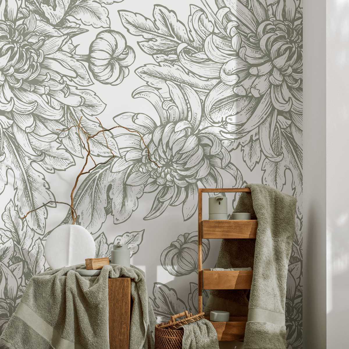 Floral Wallpaper with Hand-Drawn Chrysanthemums in Sage Green - detail view