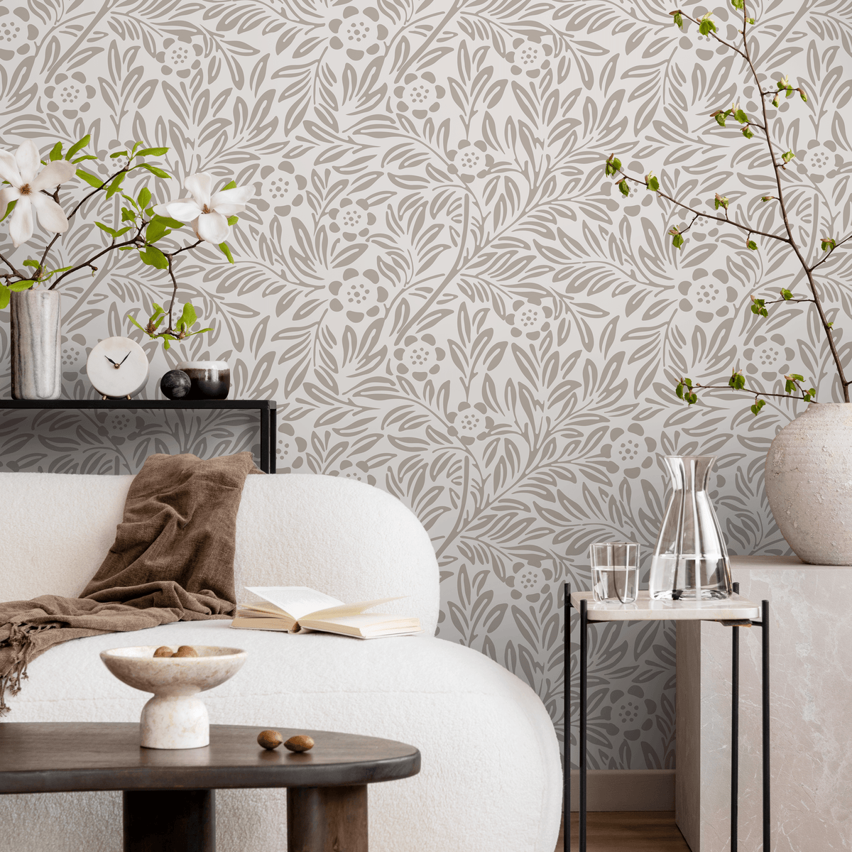 Floral Wallpaper with a Classic Arts and Crafts Motif in Beige - detail view