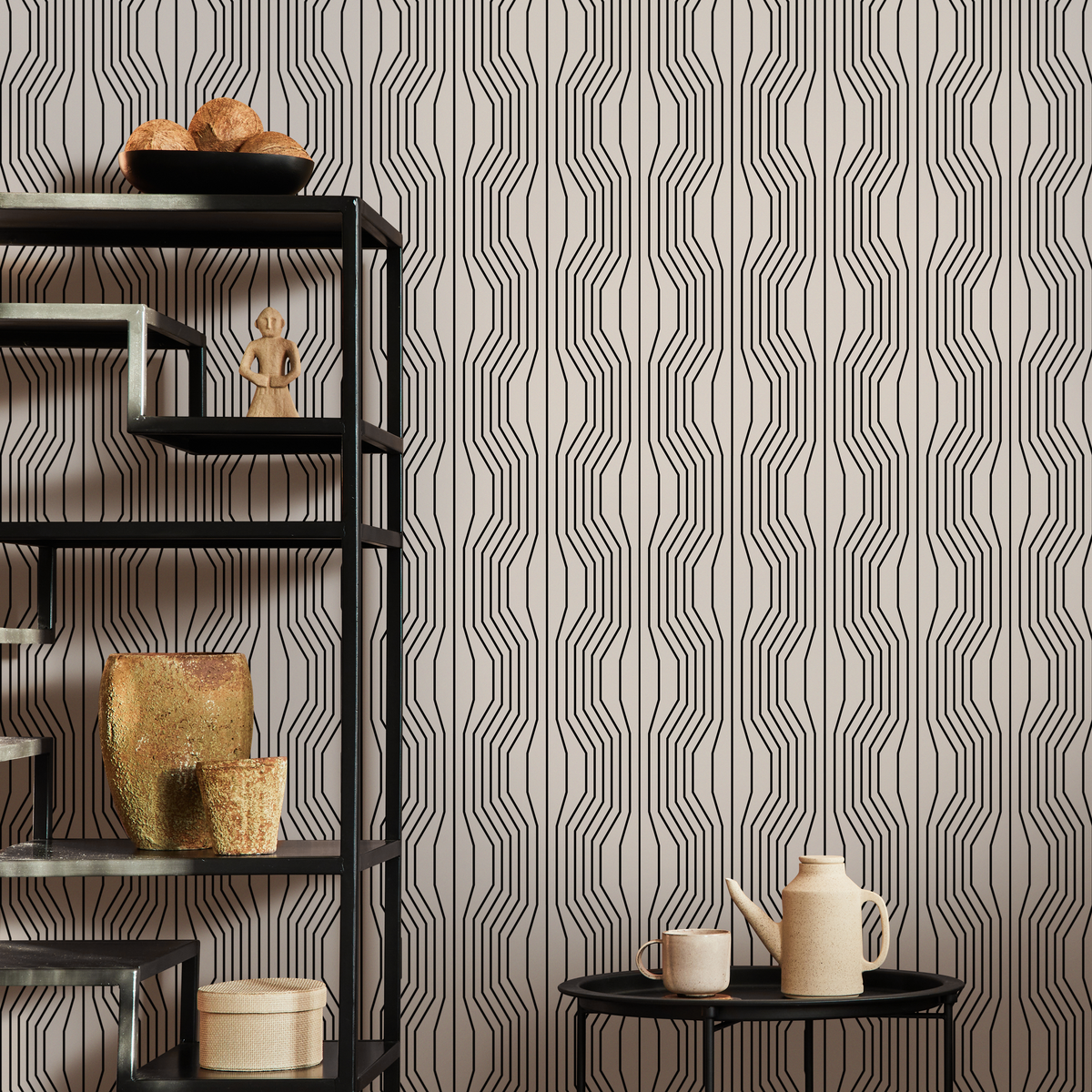 Geometric Wallpaper with Wavy Vertical Lines in Black and Beige - detail view