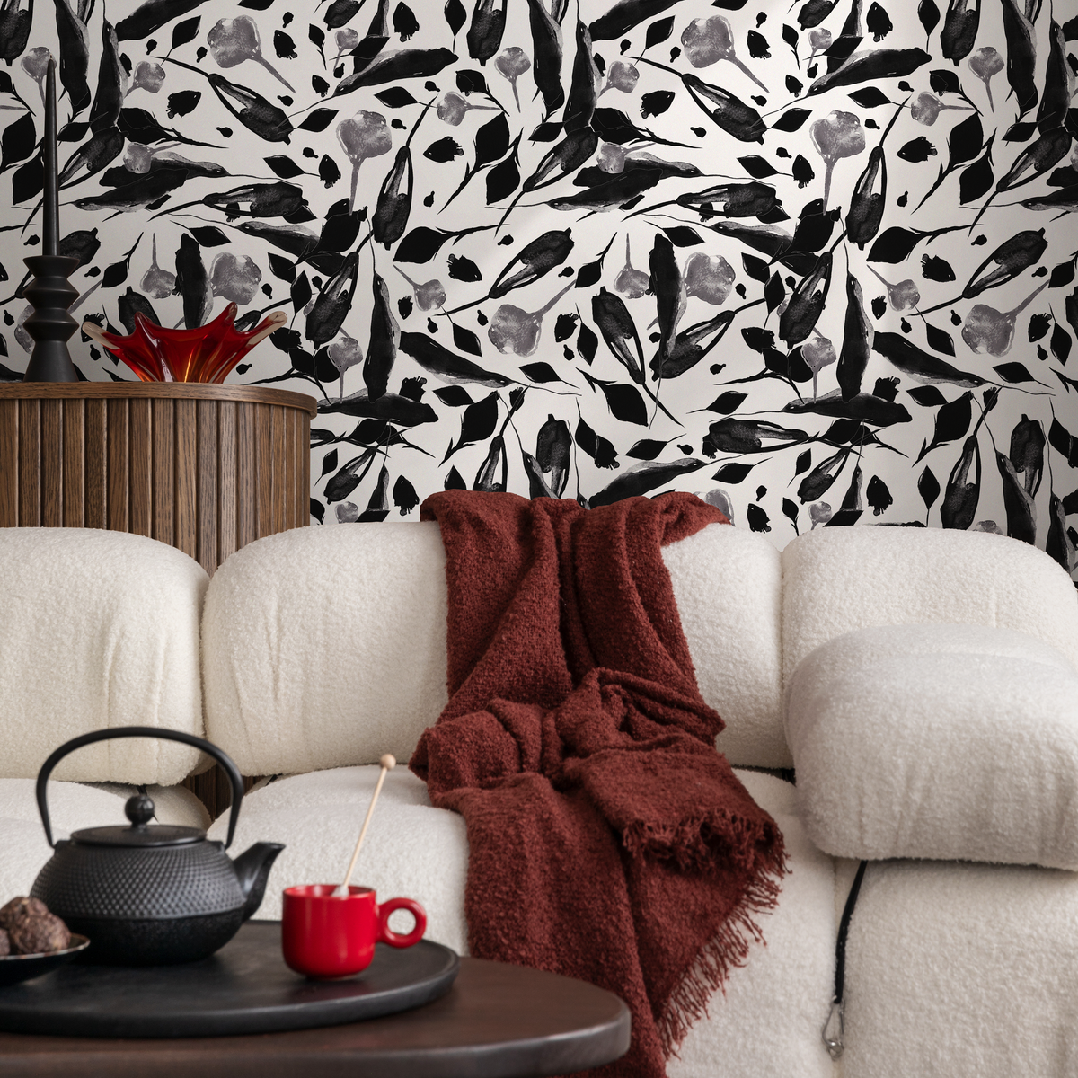 Floral Wallpaper with an Abstract Watercolor Motif in Black and White - detail view