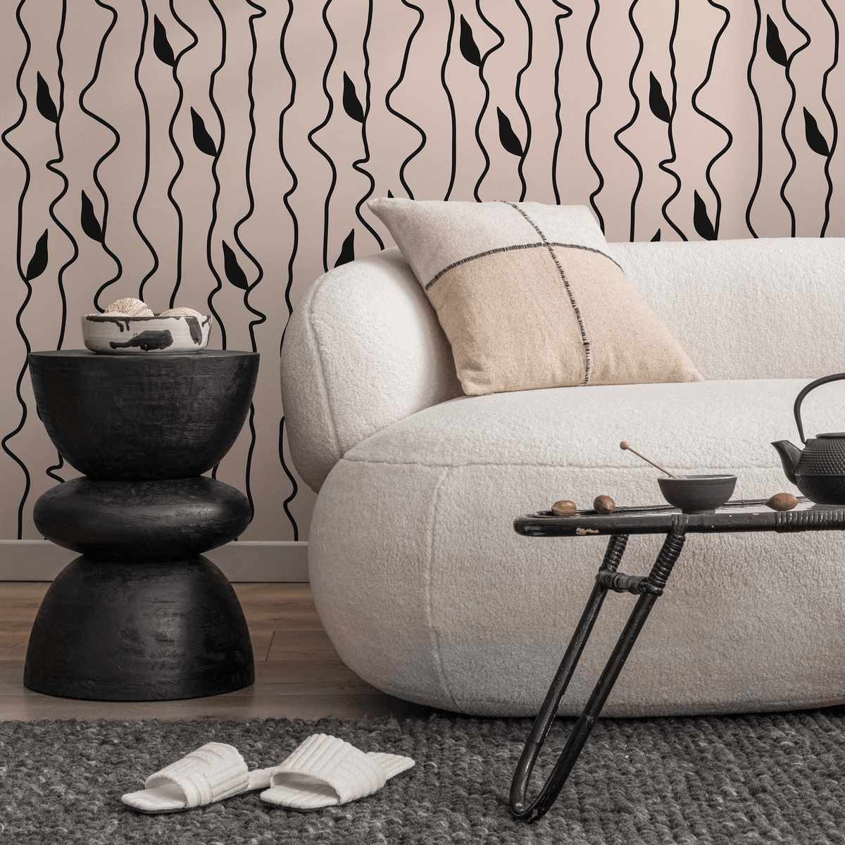 Abstract Wallpaper with Wavy Lines and Leaves in Black and Pink - detail view