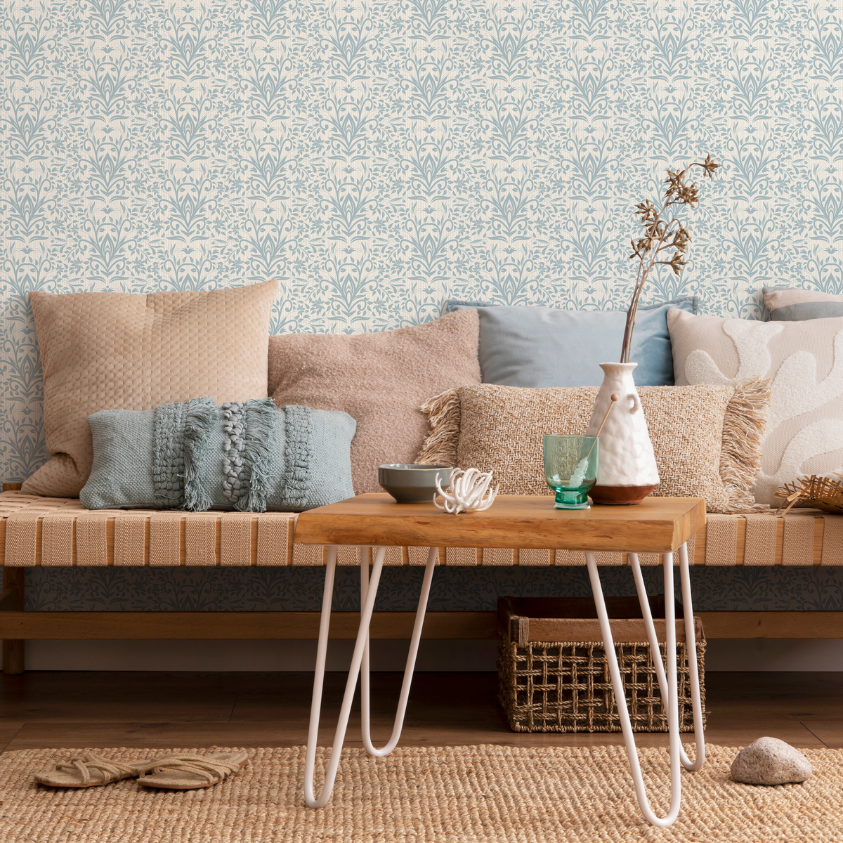 Damask Wallpaper with an Intricate Foliage Motif in Blue and Beige - detail view
