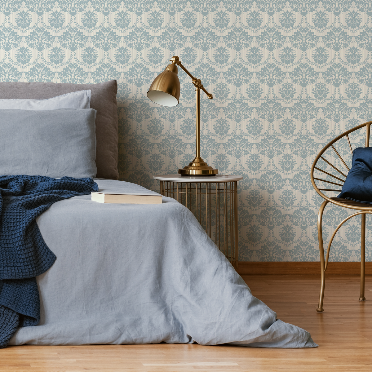 Damask Wallpaper Featuring a Classic Ornate Motif in Blue and Cream - detail view