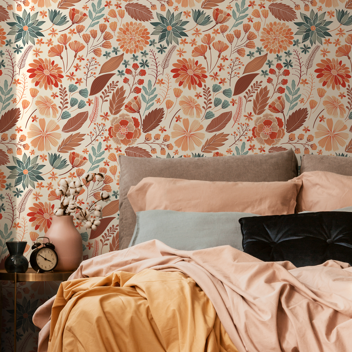 Wallpaper Peel and Stick Wallpaper Removable Wallpaper Home Decor Wall Art Wall Decor Room Decor / Orange Floral Drawing Wallpaper - C310 - ONDECOR.COM