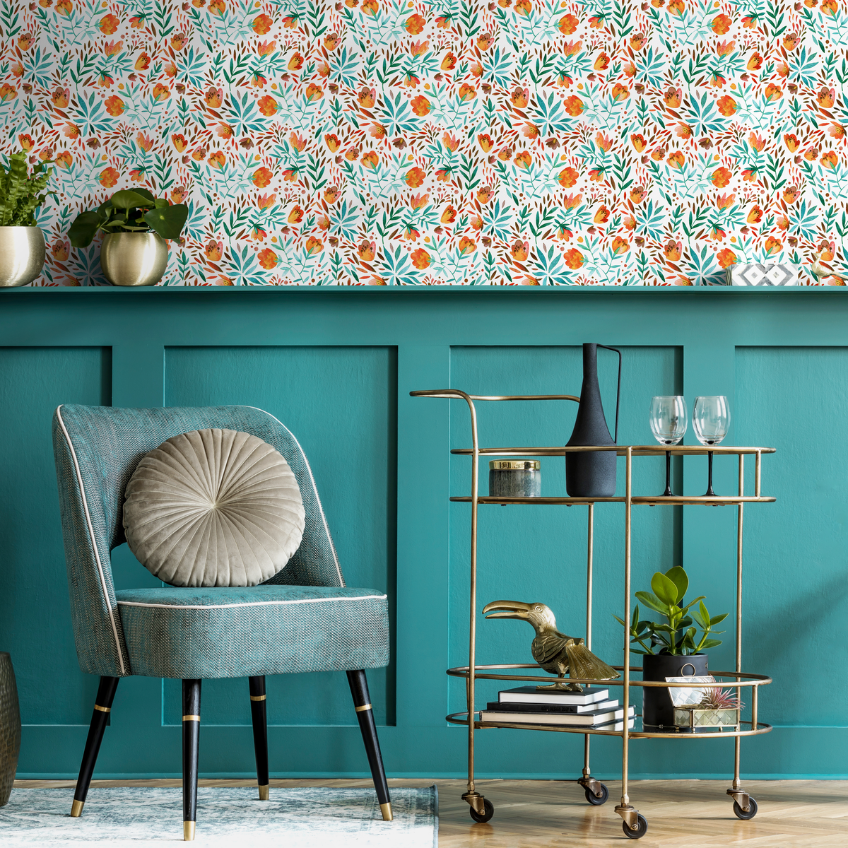Floral Wallpaper with a Watercolor Botanical Motif in Orange and Teal - detail view