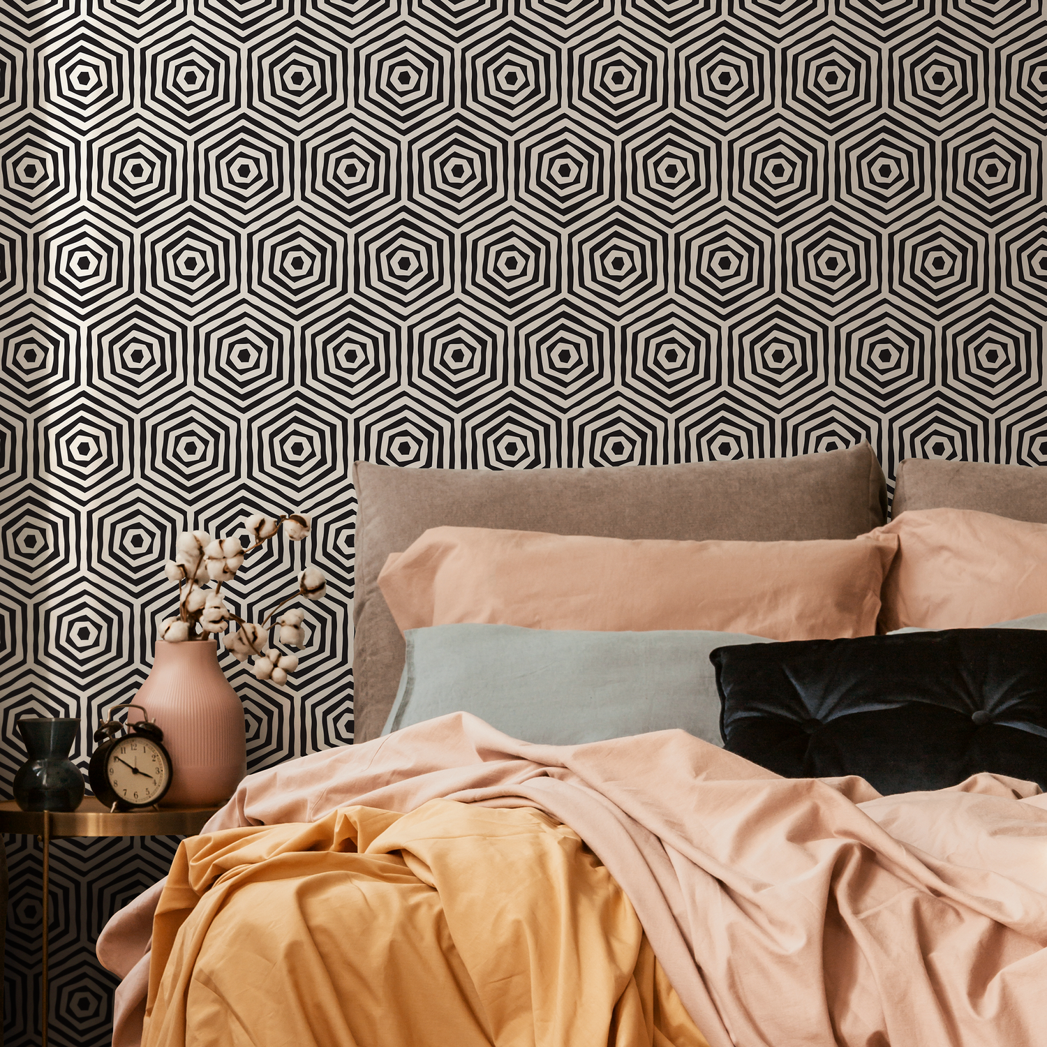 Papel tapiz autoadhesivo, papel tapiz extraíble, decoración del hogar, arte de pared, decoración de habitaciones / Papel tapiz hexagonal geométrico negro - C312