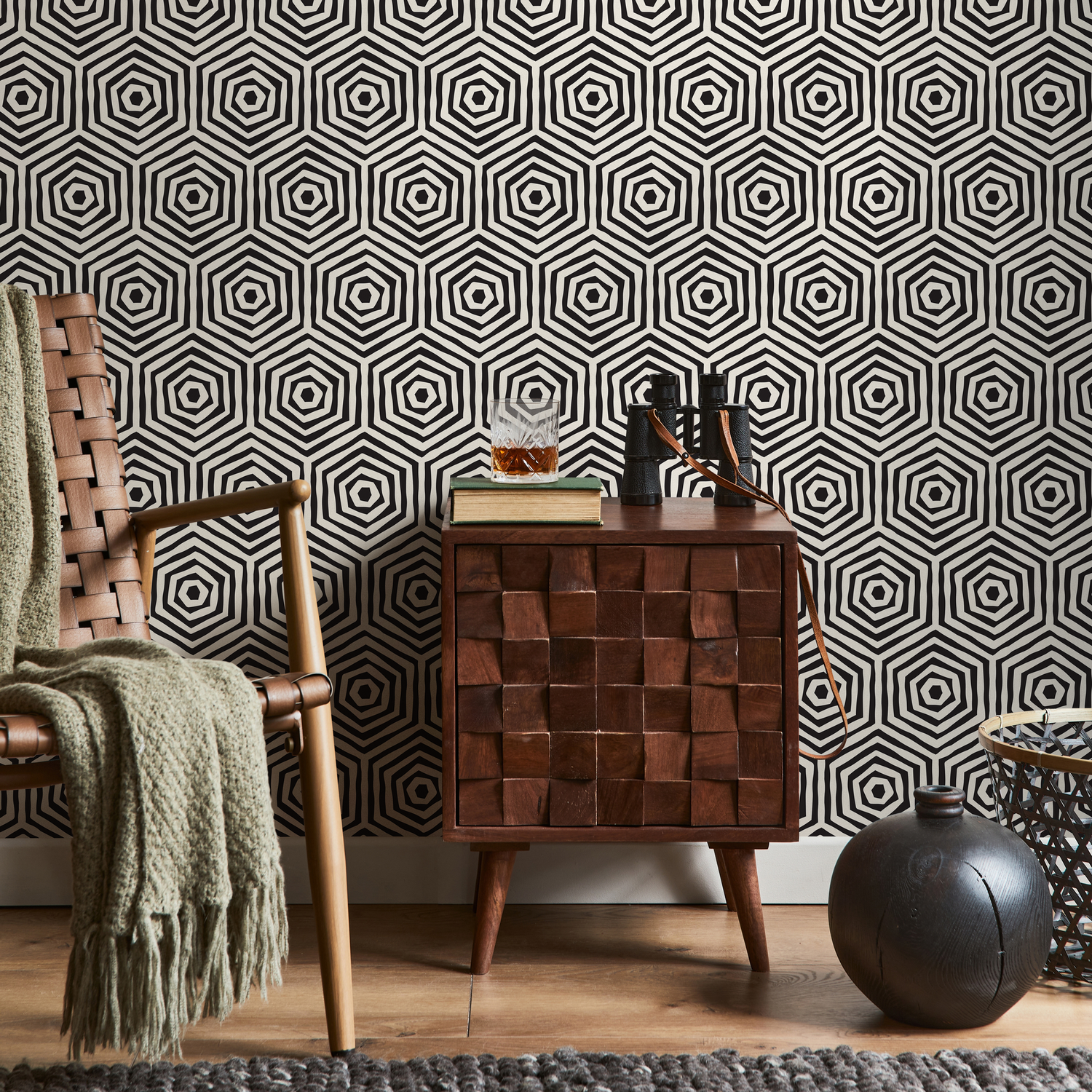 Papel tapiz autoadhesivo, papel tapiz extraíble, decoración del hogar, arte de pared, decoración de habitaciones / Papel tapiz hexagonal geométrico negro - C312