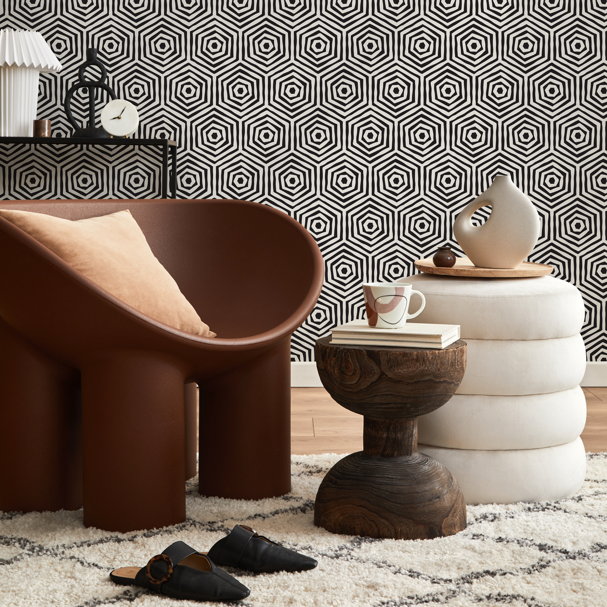 Geometric Wallpaper with Concentric Hexagons in Black and Off-White - detail view