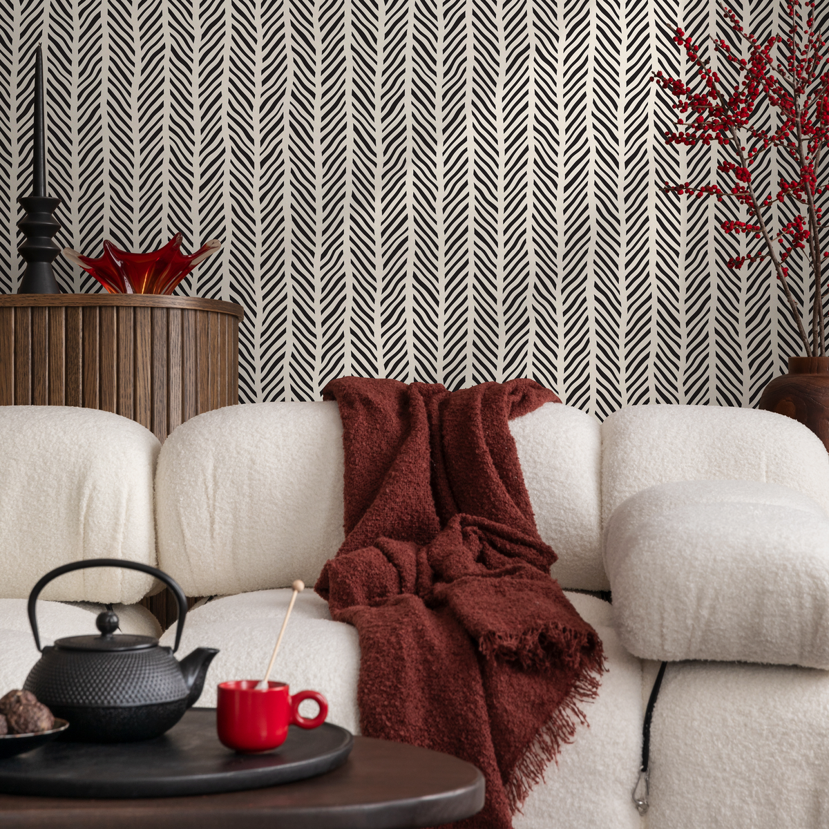Geometric Wallpaper with Sketched Chevron Lines in Black and Off-White - detail view