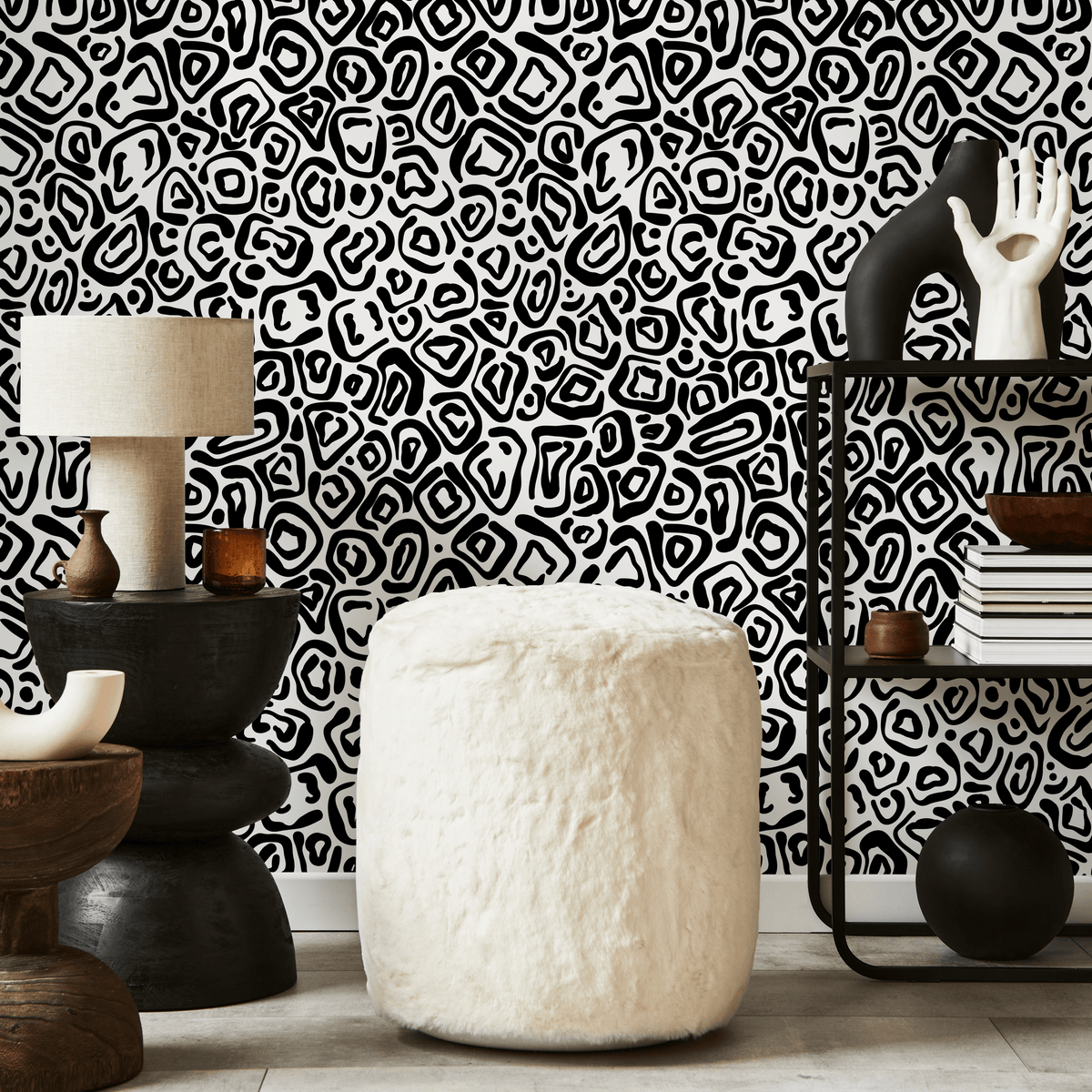 Abstract Wallpaper with an Organic Tribal Motif in Black and White - detail view