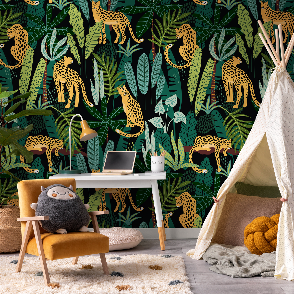 Tropical Wallpaper with Leopards in a Jungle in Black, Green, and Yellow - detail view