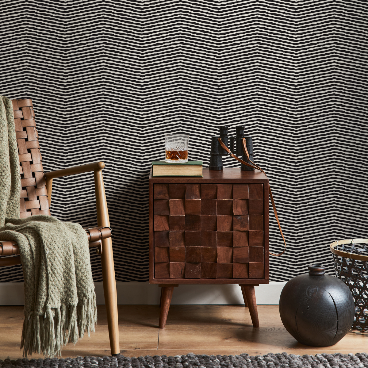 Abstract Wallpaper with a Hand-Drawn Chevron Motif in Black and Cream - detail view