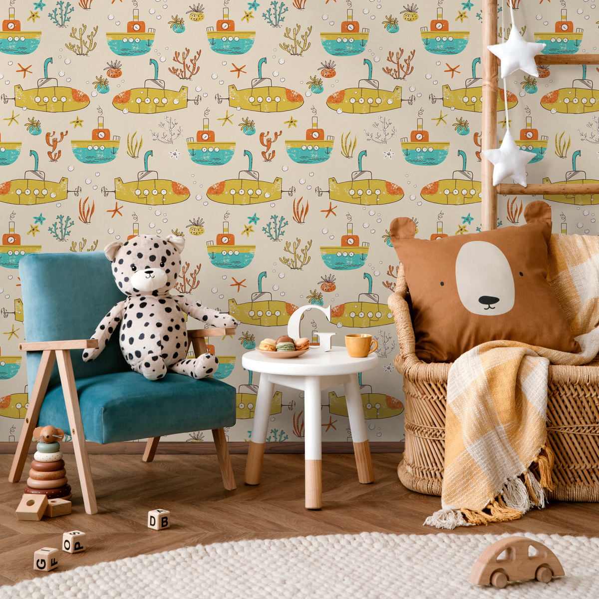 Kids Wallpaper with Illustrated Submarines in Yellow, Teal, and Orange - room view