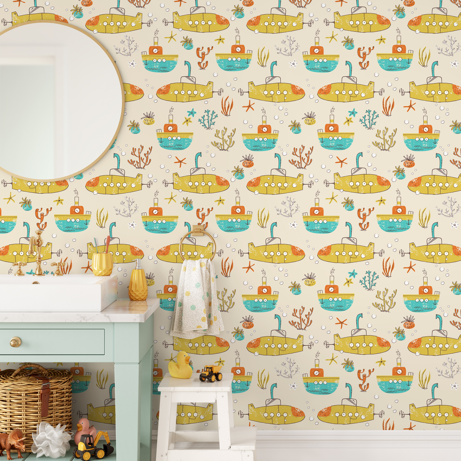 Papel pintado autoadhesivo, papel pintado extraíble, decoración del hogar, arte de pared, decoración de habitaciones, papel pintado infantil de submarino amarillo - C319