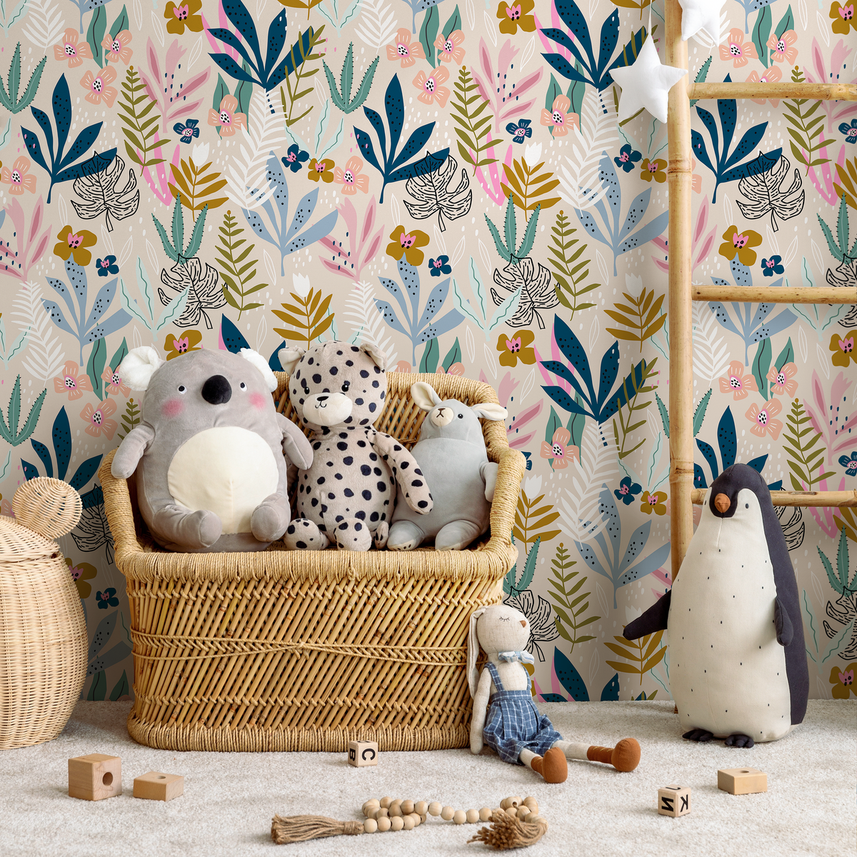 Botanical Wallpaper with Stylized Leaves and Flowers in Blue, Pink, and Yellow - detail view