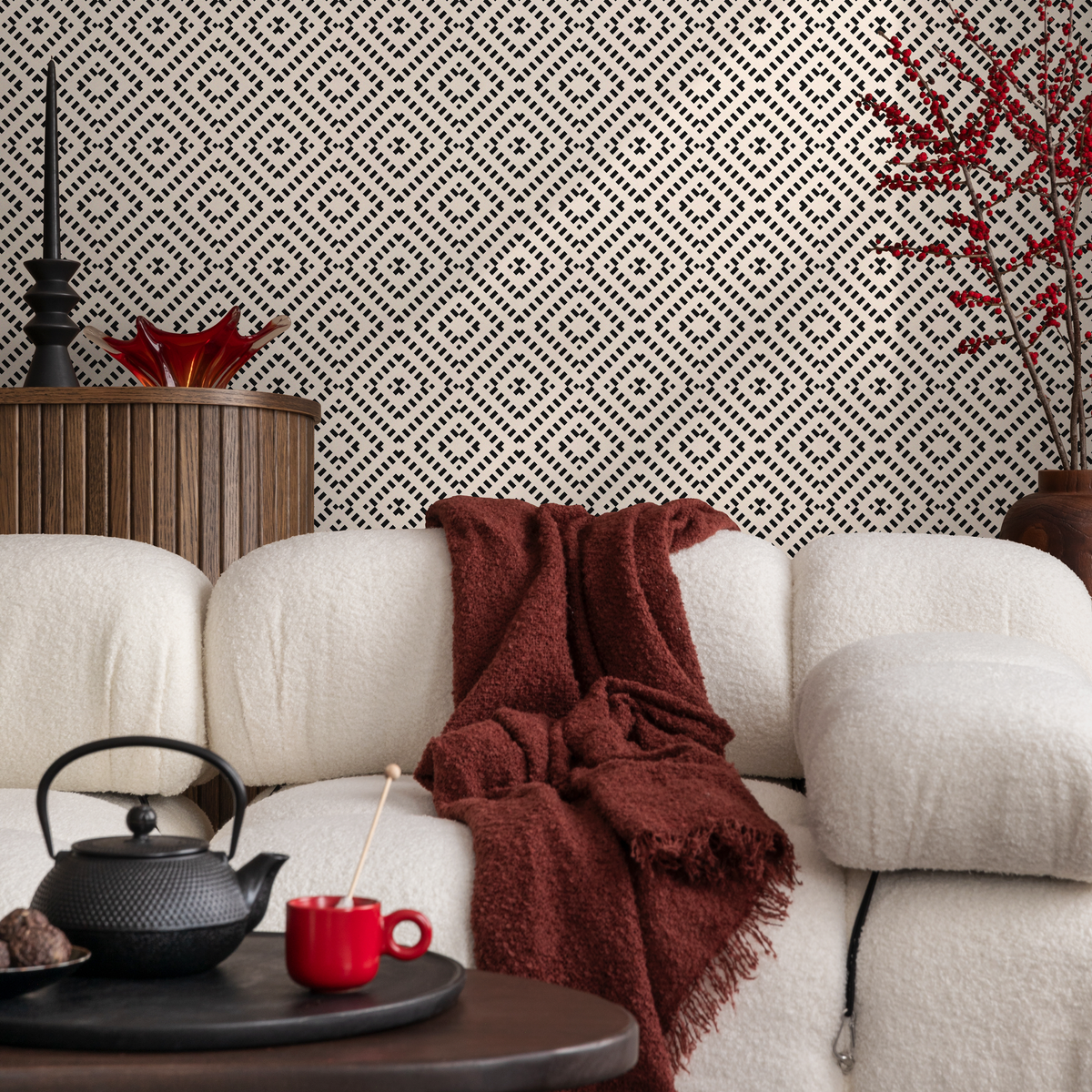 Geometric Wallpaper with a Dashed Diamond Motif in Black and Off-White - detail view