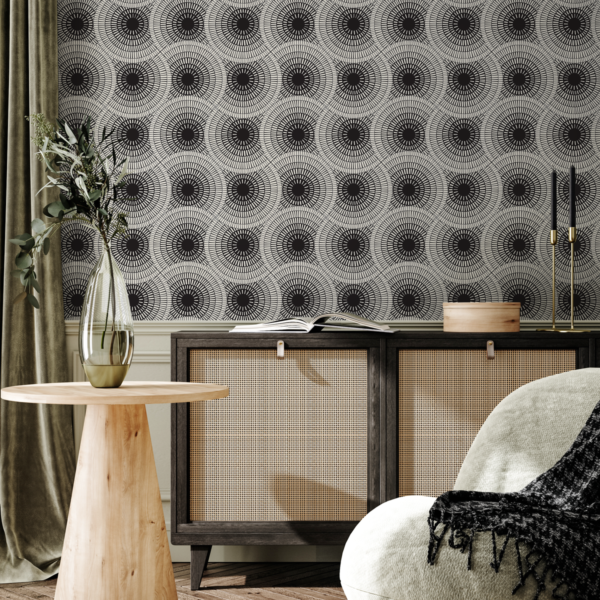 Geometric Wallpaper with Radiating Circle Motifs in Black and Off-White - detail view