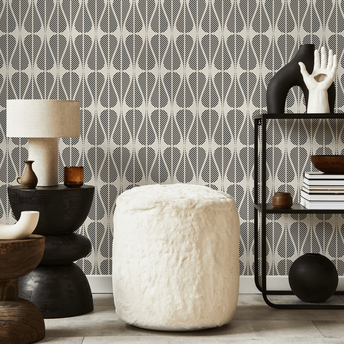 Geometric Wallpaper with a Stylized Leaf Motif in Black and Off-White - detail view