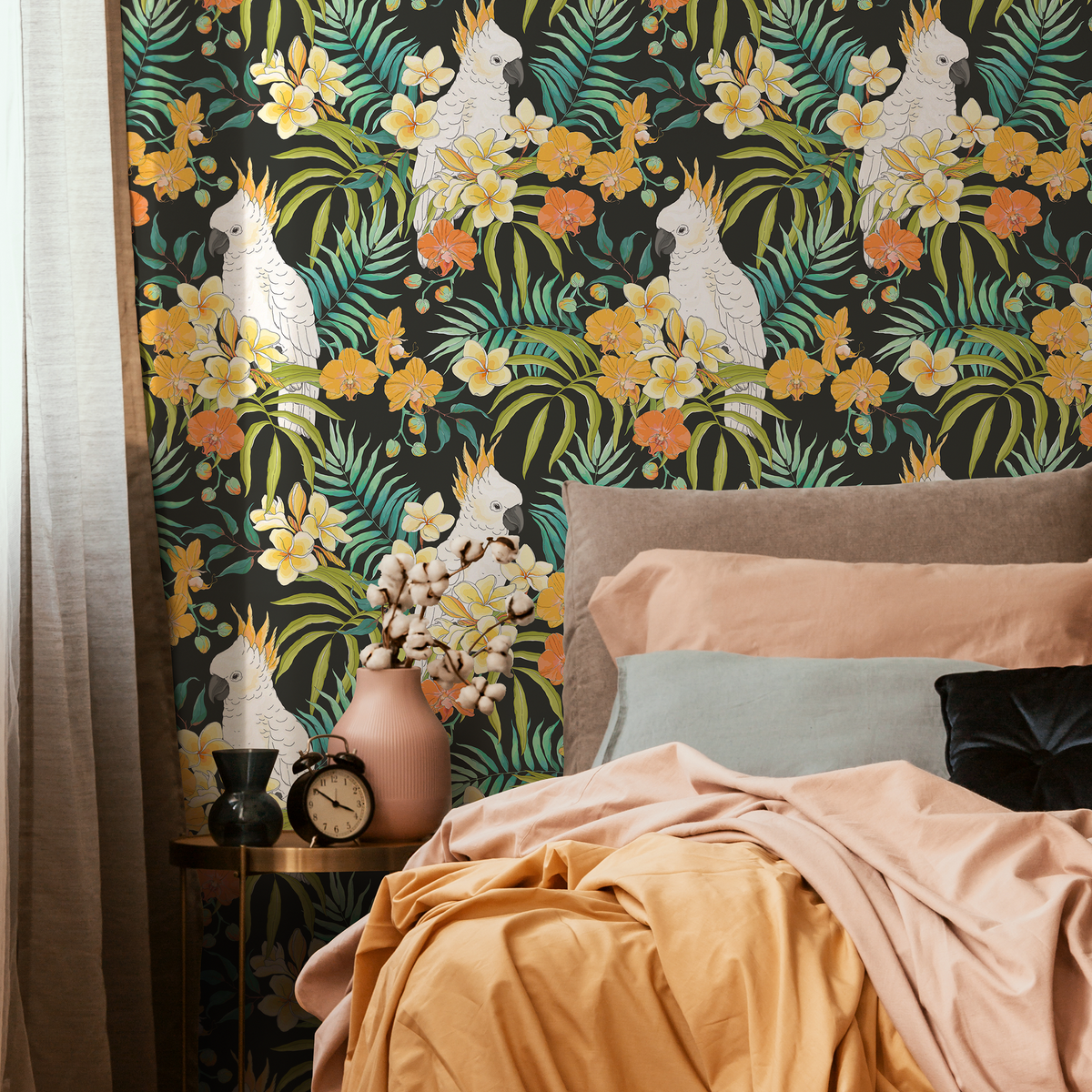 Tropical Animal Wallpaper with Cockatoos and Palm Leaves in Black, Yellow, and Green - detail view
