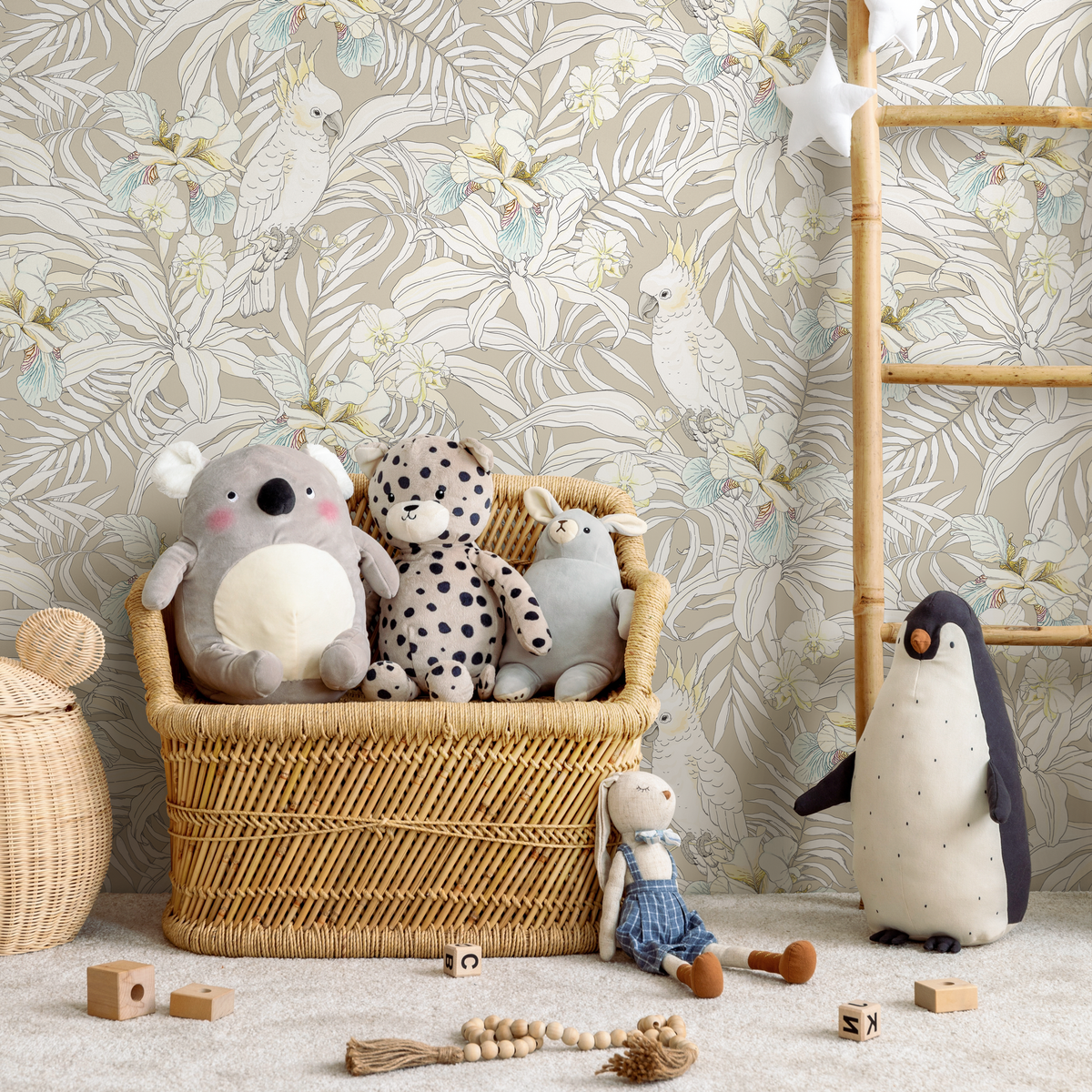 Tropical Wallpaper with Cockatoos and Orchids in Beige, Blue, and Yellow - detail view