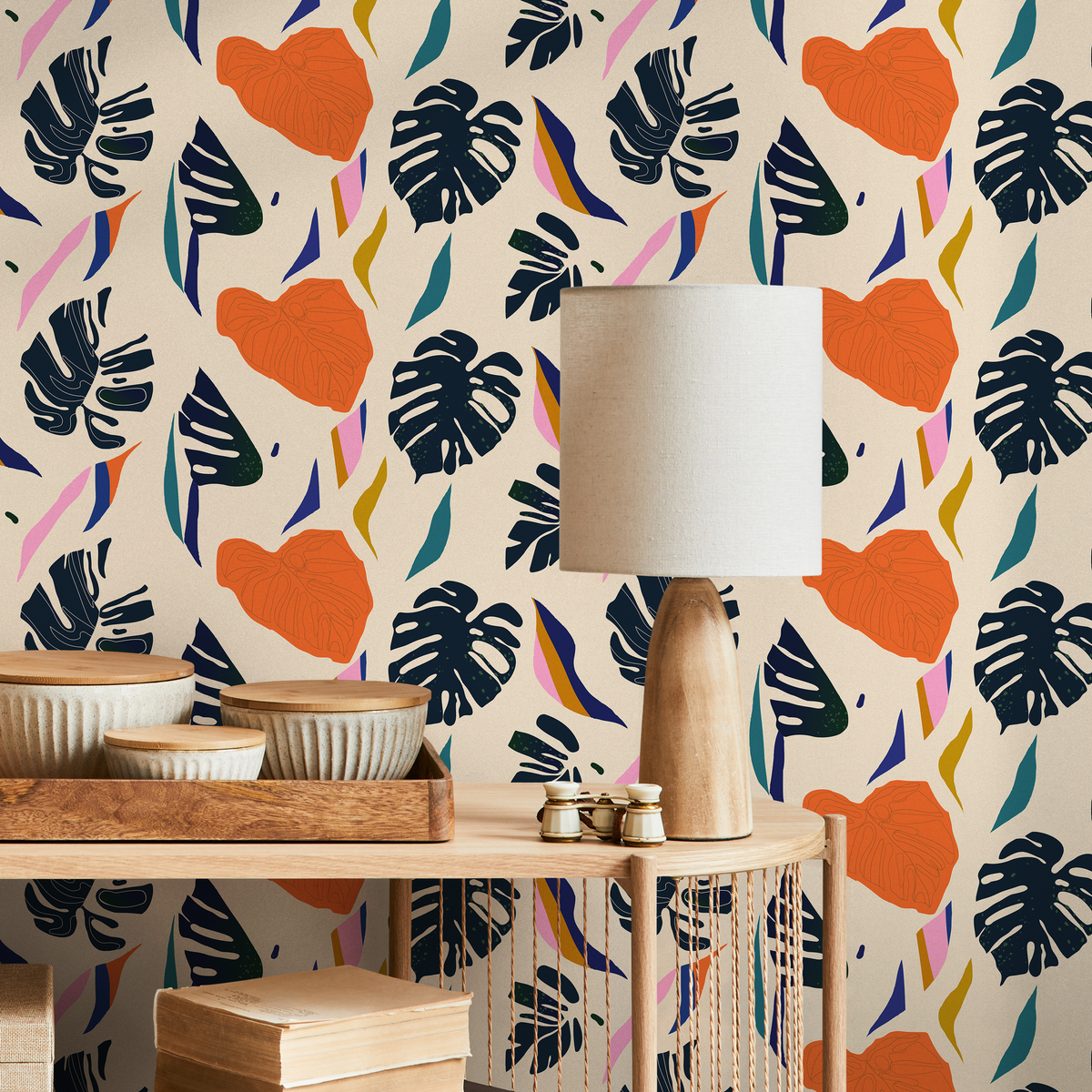 Botanical Wallpaper with Abstract Monstera Leaves in Dark Blue, Orange, and Teal - detail view