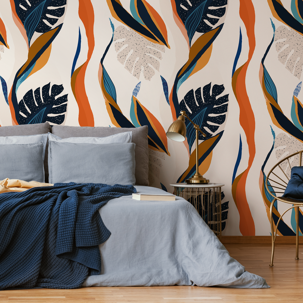 Modern Abstract Wallpaper with a Botanical Motif in Orange, Navy, and Blue - detail view