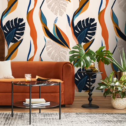 Wallpaper Peel and Stick Wallpaper Removable Wallpaper Home Decor Wall Art Wall Decor Room Decor / Orange and Navy Boho Wallpaper - C333