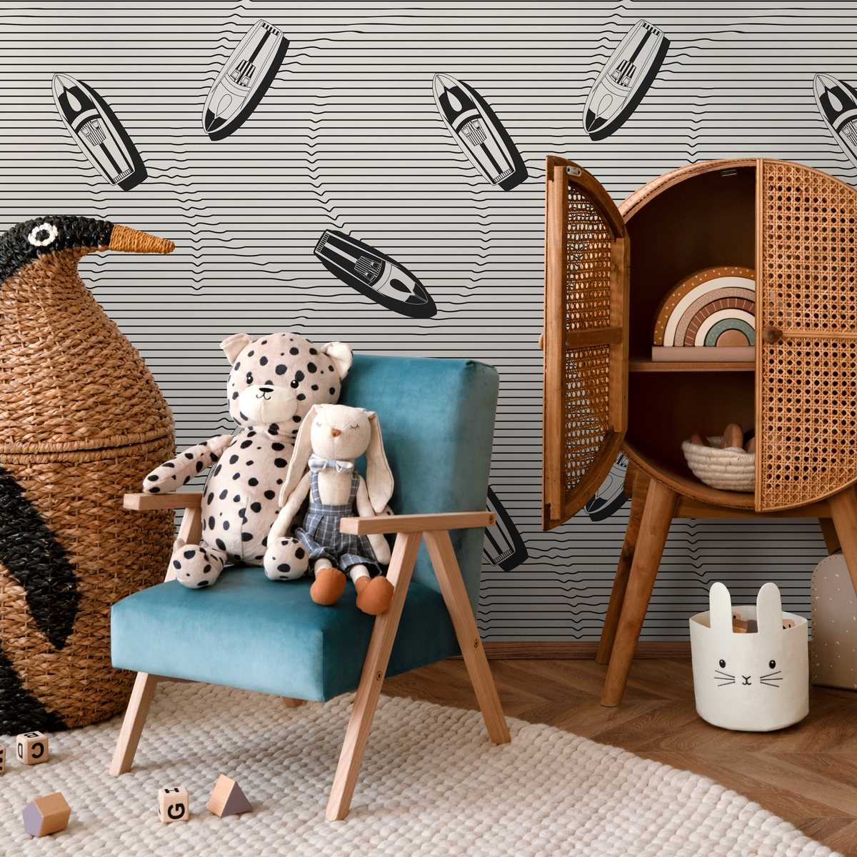 Nautical Wallpaper with Speedboats and Wavy Lines in Black and Off-White - detail view