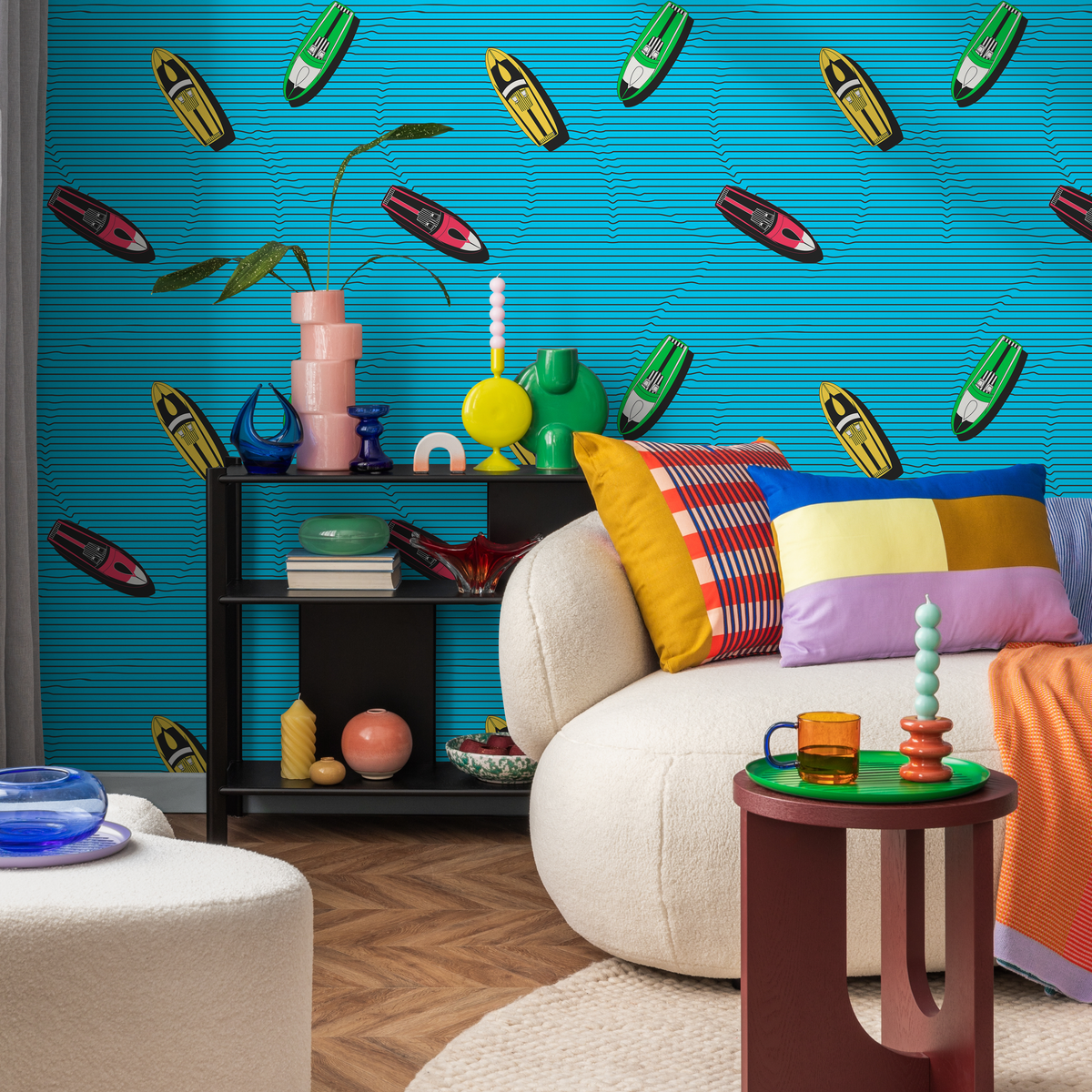 Retro Wallpaper with a Colorful Jet Ski Motif in Blue, Pink, and Yellow - detail view